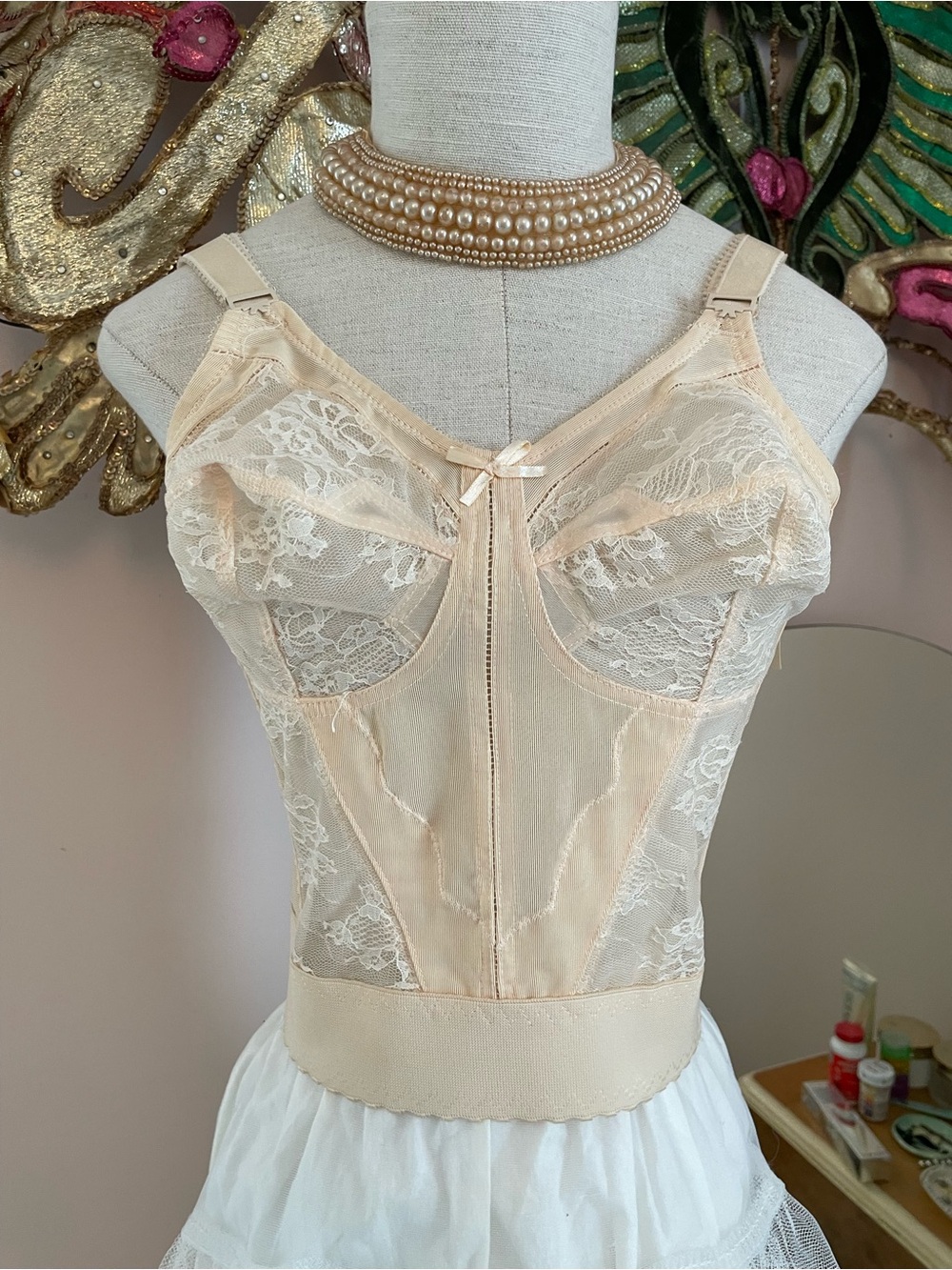Bali Vintage Cream Lace Longline Shapewear Corset Sheer Lace
